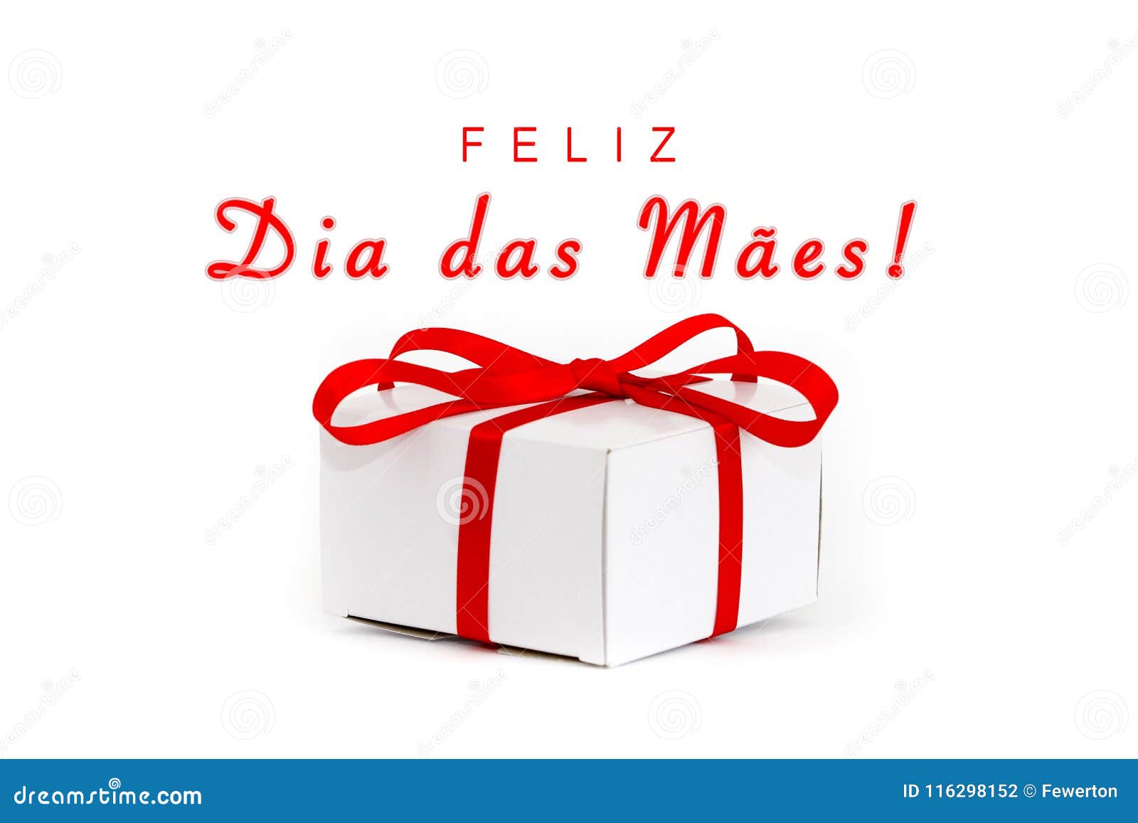 feliz dia das maes in portuguese: happy mothersÃ¢â¬â¢s day! text message and white cardboard gift box with decorative red ribbon bow